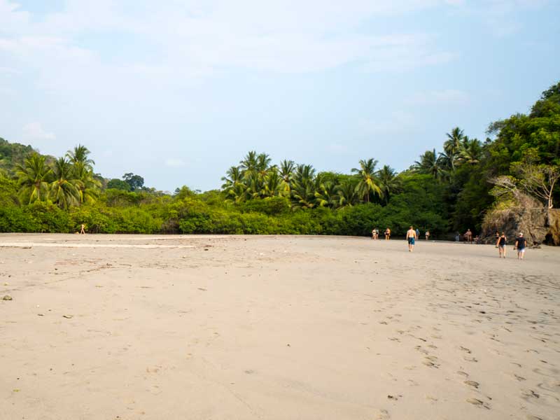 Um grupo de pessoas a caminhar ao longo de uma praia de areia.