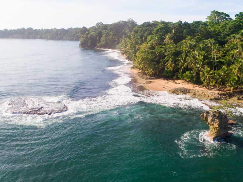 Uma vista aérea de uma praia tropical e do oceano.
