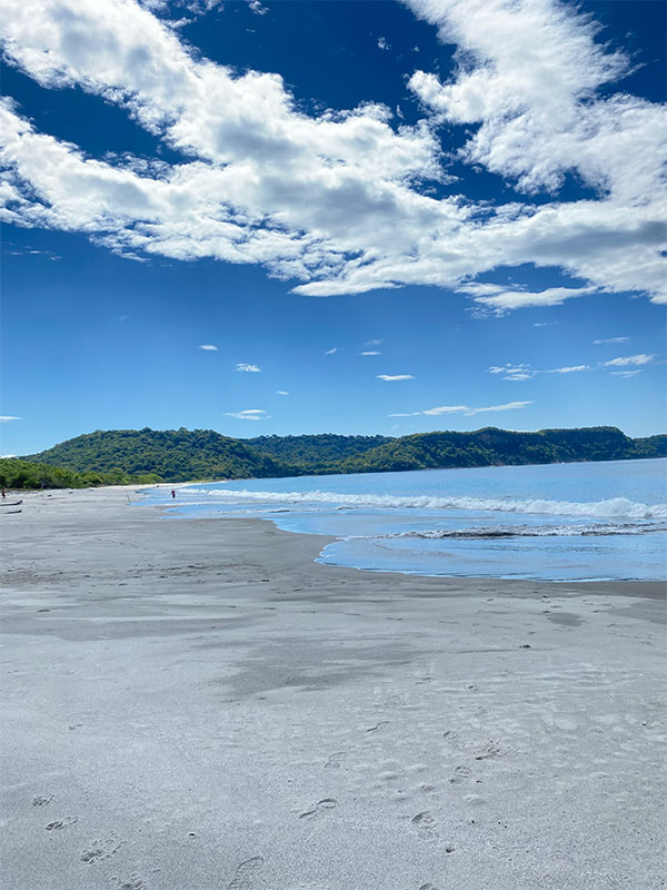 Uma pessoa a caminhar numa praia com uma prancha de surf.