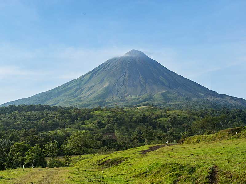 Um campo verde com uma montanha ao fundo.