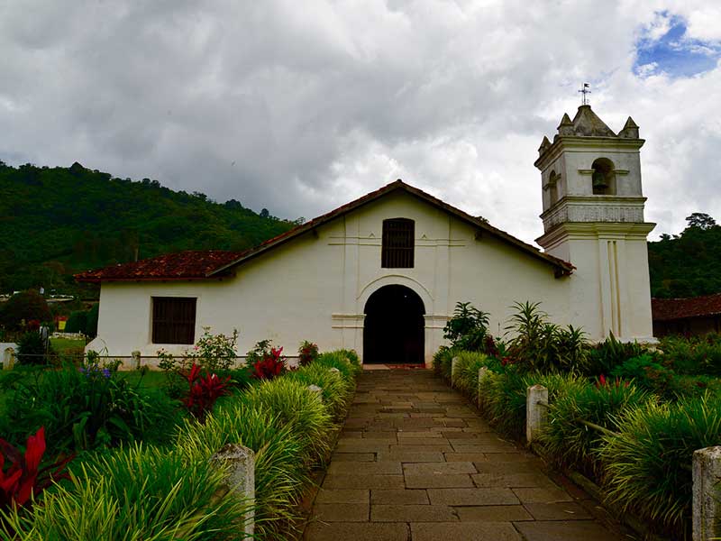 Uma igreja branca com um campanário rodeado de vegetação.