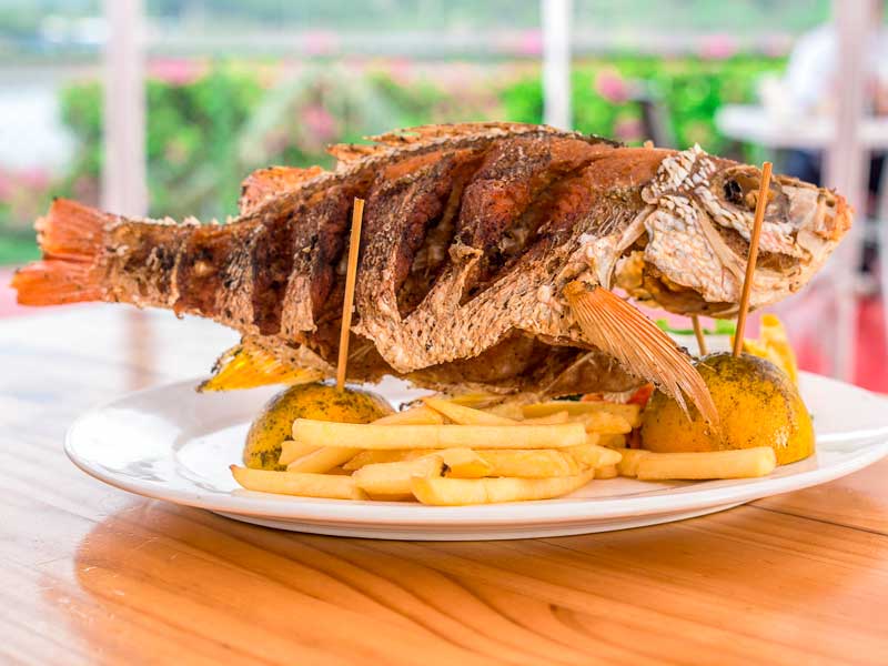 Um prato de comida numa mesa de madeira.