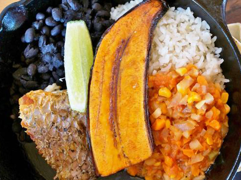 Um prato de comida com arroz, feijão e carne.