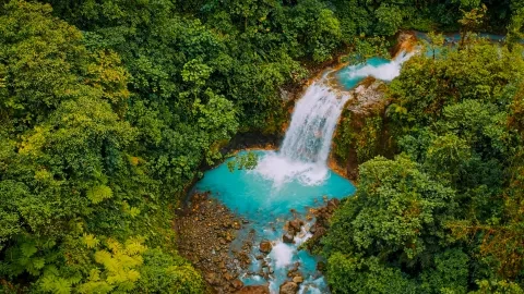 Vista aérea de uma cascata na selva