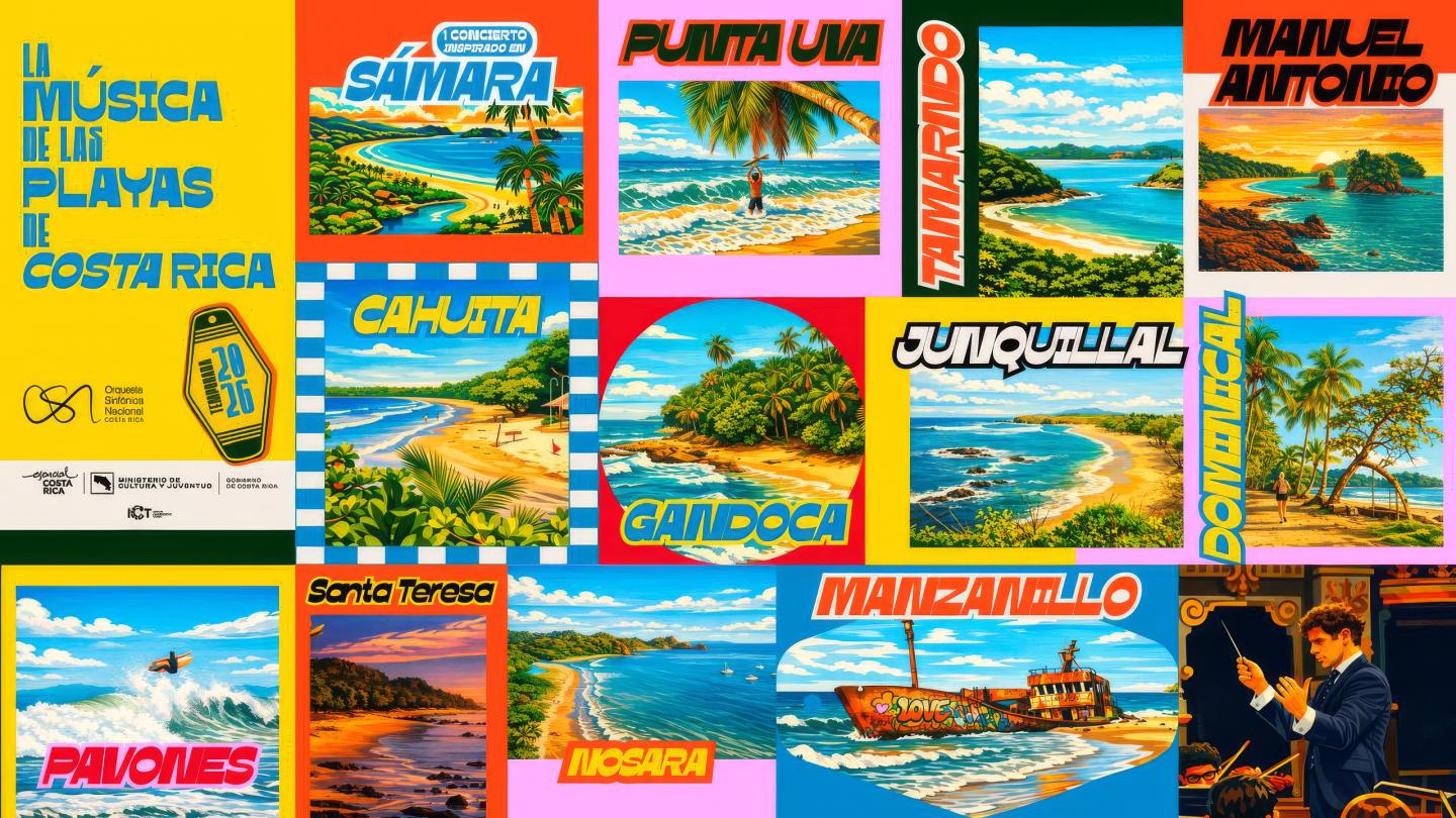 Um cartaz colorido intitulado «La música de las playas de Costa Rica», mostrando cenas ilustradas de praias com os nomes das cidades costeiras (Sámara, Punta Uva, Tamarindo, Manuel Antonio, Cahuita, Gandoca, Junquillal, Dominical, Pavones, Santa Teresa, Nosara, Manzanillo) dispostas como cartões de concerto contra um fundo vibrante.